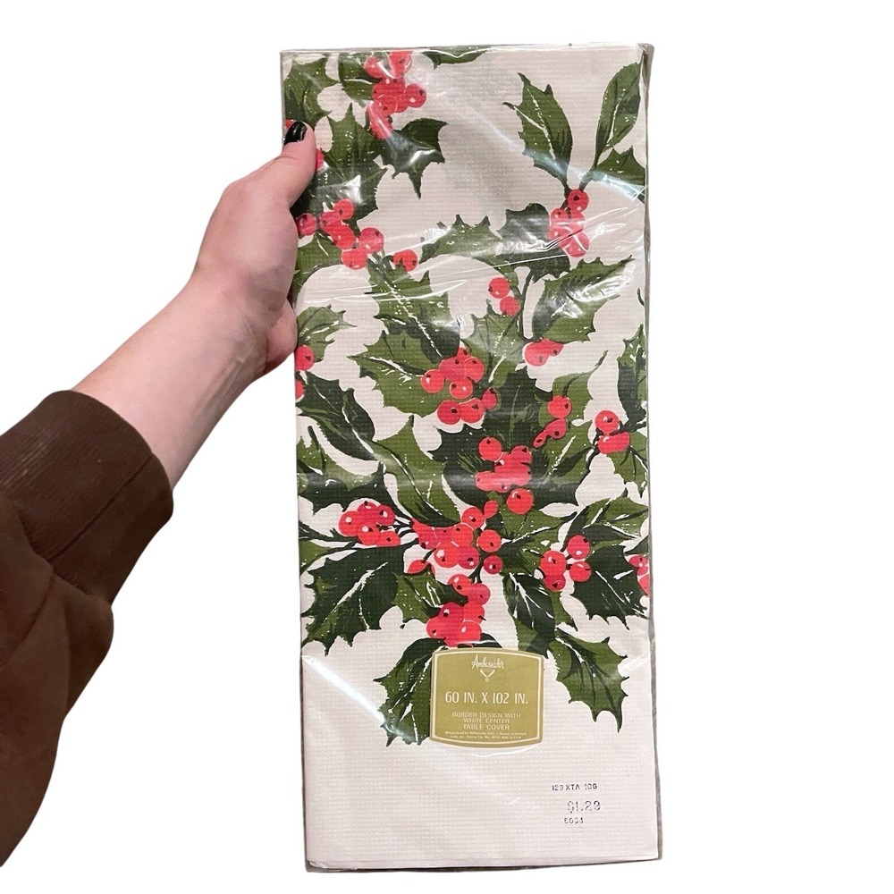 Vtg MCM Christmas Ambassador Paper Tablecloth‎ 60 x 102 Holly Berry Greenery